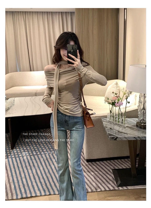 Women Off-Shoulder Long Sleeves Tops With Ribbons